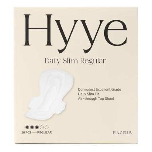 Hyye Ultra Thin Daily Sanitary Pads with Wings, High Absorbency, Air Flow Cotton Soft Touch Cover for Sensitive Skin, Unscented, Made in Korea (Regular, 16 Count)
