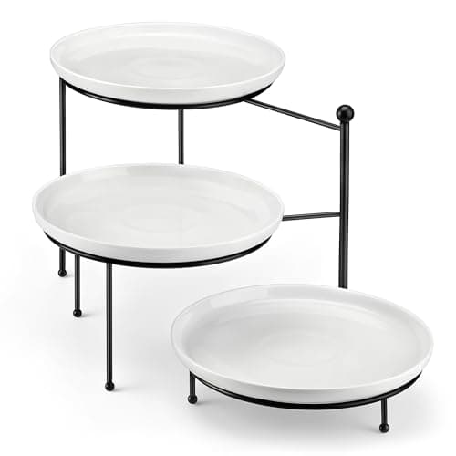 3-Tier 10" MALACASA Porcelain Serving Tray Stand w/ Black Metal Rack (White or Black) $29.99 w/ S&S + Free Shipping w/ Prime or on $35+