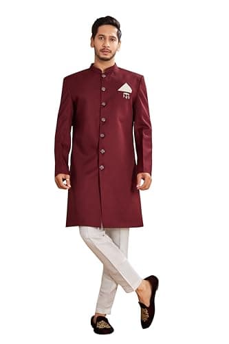Lady Dwiza Indian Designer Wedding Festive Wear Solid Poly Viscose Blend Indo-Western Sherwani Pajama Set For Men