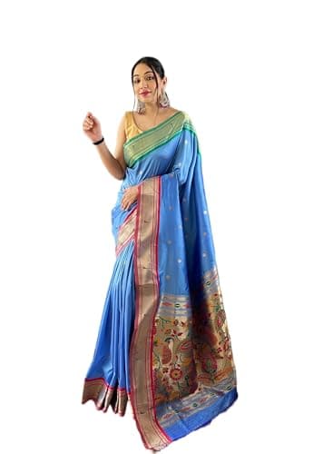 Rang Priya Paithani Big Border Woven Saree with Unstitched Blouse (Sky Blue)