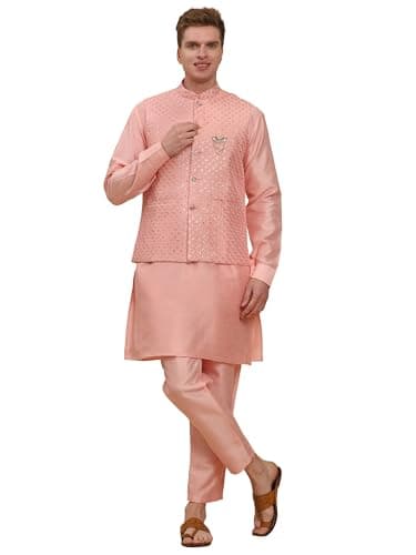 Pro-Ethic Style Developer Mens Indian Traditional Silk Kurta Set With Jacket For Men Floral Design (C-111) Peach X Large