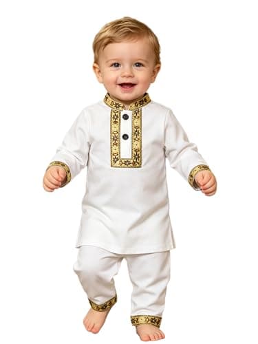 Zaldita Kurta Set for Boys Ramadan Eid Outfit 2-Piece Long Sleeve Kaftan Thobe with Matching Pants White 18-24 Months