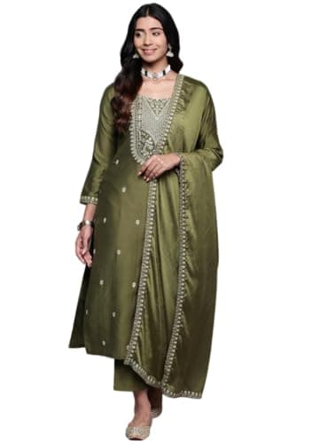 The Red Lion Enterprise Partywear Anarkali Dress wedding Alia cut kurti pant Dupatta 3pc set Designer salwar suit for women (US, Alpha, Medium, Regular, Regular, MEHENDI GREEN)