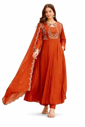 ELEGANZA FASHION Women’s Embroidered Anarkali Kurta Set with Dupatta | Traditional Ethnic Wear for Festive & Party Occasions (US, Alpha, XX-Large, Regular, Regular, Rust)