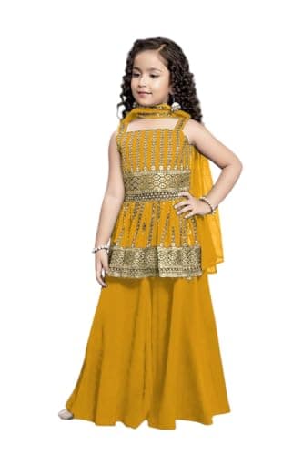 qoulrin Girls Indian Ethnic Wear Salwar Kameez For Kids|Girls Punjabi Suit|Kids Kurta Sharara Set For Girls|Indian Dress. (yellow, 6years)