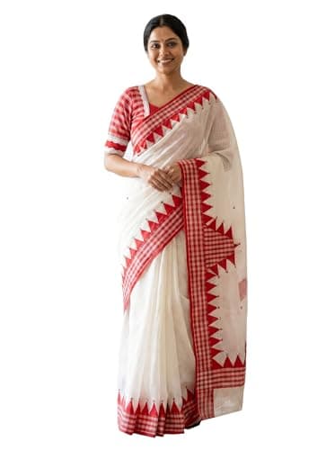AYU ELITE FASHION Bangladeshi Gamcha Saree with Readymade Blouse, Red and White, Checkered, Festival Wear, Size 38-40