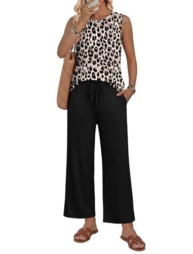 WIHOLL Two Piece Sets for Women Vacation Outfits Cruise 2026 Travel Date Summer Outfits Sleeveless Tank Tops Spring Clothes Lounge Set Matching Sets Women Fashion Clothing Wide Leg Pants Cheetah L