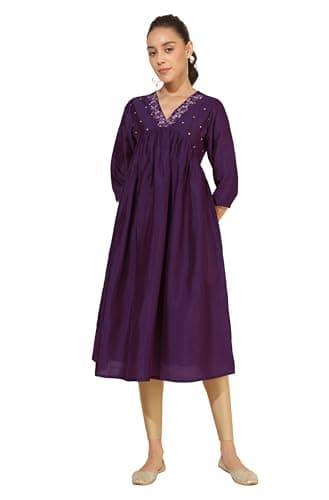 Janasya Indian Women's Silk Festive Embroidered Kurta for Women Purple