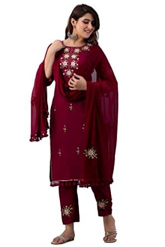 JG Women's Ethnic Wear Collection Rayon Straight Embridered Kurti & Pant Set With Dupatta (US, Alpha, X-Large, Regular, Regular, Maroon)