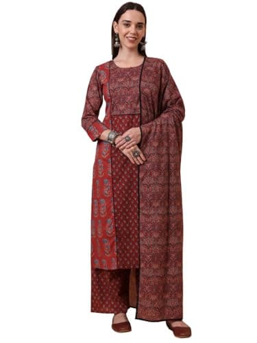 Tissu Women's Pure Cotton Maroon Printed Kurta & Palazzo with Dupatta (739_Maroon_XL)