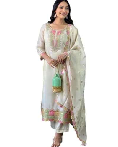 The Red Lion Enterprise Embroidery work Anarkali alia Dress for Women’s 3 Pc Set Party wedding wear Salwar Suit (US, Alpha, XX-Large, Regular, Regular, WHITE 2)