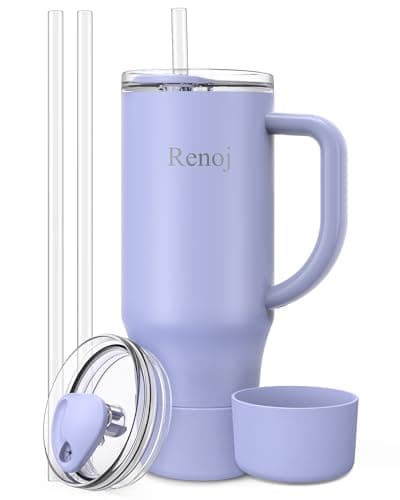 Renoj Insulated Mug 100% Spill Resistant Insulated Water Bottle for Iced Coffee & Hot Drinks - Fits Car Cup Holder, Ideal Gift, 2 Straws & Silicone Boot - FlexSlide Blue 32 oz