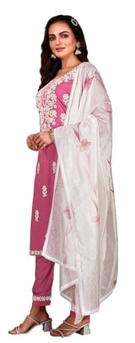 ladyline Womens Rayon Chikankari Salwar Kameez Lucknowi Embroidered with Silk Dupatta (RESK NLGL) (44/ Pink)