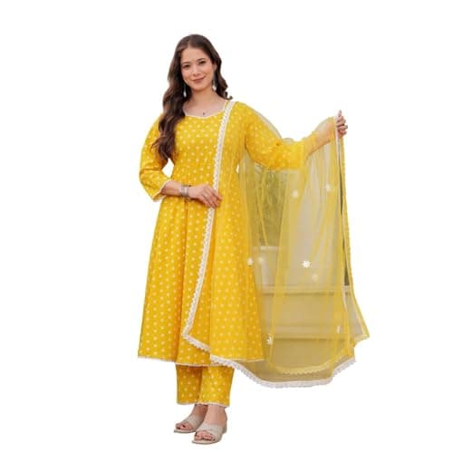 Rosarue Women's Cotton Floral Buti Print Anarkali Kurta Pant with Dupatta Festive Traditional Wear | Yellow | X-Large