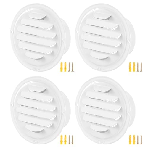Gisafai 4 Pcs Round Soffit Vent Cover 4 Inch Stainless Steel Louvered Grille Metal Air Vent Covers with Built in Fly Screen Mesh for HVAC Ventilation House Flat Garage Exterior (White)