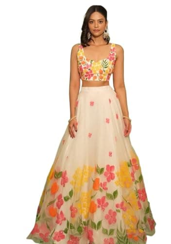 Indya White Sequins Work Silk Blend Lehenga Choli for Wedding | Sleeveless | Scoop Neck | Indian Ethnic Wear