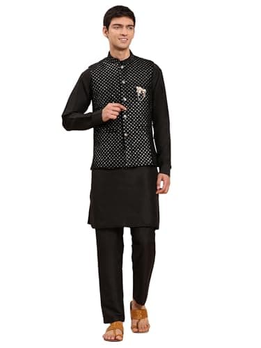 Pro-Ethic Style Developer Mens Indian Traditional Cotton Kurta Set With Velvet Jacket (Waistcoat) For Men (C-115) Black X Large
