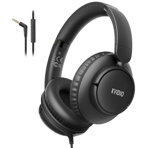 KVIDIO Wired Headphones with Microphone, Over Ear Lightweight Foldable 3.5mm Plug in Corded Headphones Wired with Volume Control, 4.9ft Tangle-Free Cord for Tablet Laptop MP3/4 School Travel Black