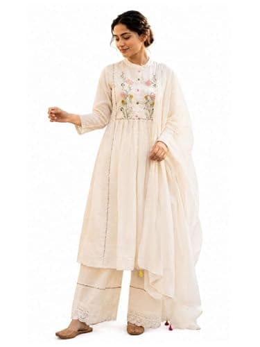 Women's Dobby Cotton Anarkali Kurta Set with Pant and Dupatta - Embroidered Maxi Dress for Women and Girls Long Kurti Ethnic Party Wear Indian Outfit (Extra Extra Large)