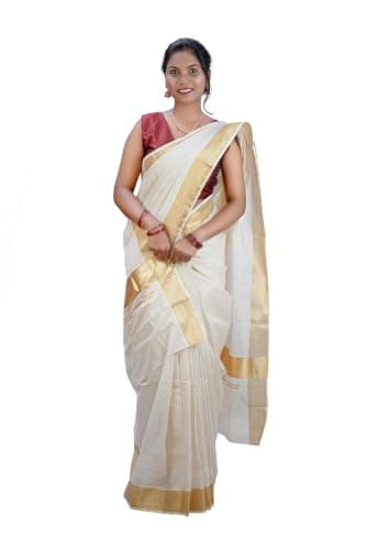Malayali Fashion Kerala Traditional Set Saree for Women In Pure Cotton With 3 Inch Golden Kasavu Border (Stripes)