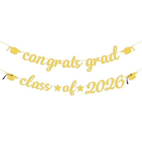 Congrats Grad Class of 2026 Banner Decorations - Pre-Strung Hanging Glitter Graduation Banner with Cap Garland Sign Bunting for Photo Backdrop, College High School Grad Party Supplies for Wall Decor