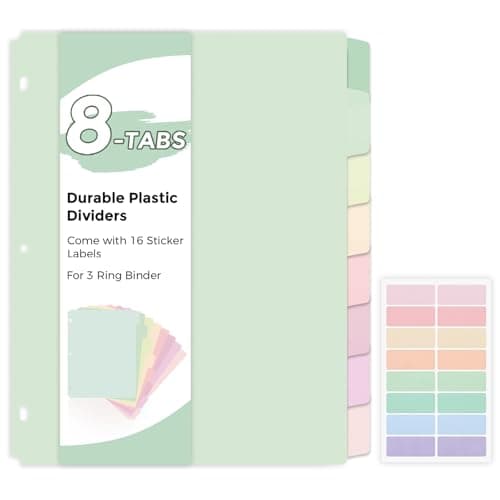 SKYDUE Durable Plastic 8-Tab Dividers for Letter Size, Tab Dividers for 3 Ring Binder, Write&Erase Binder Dividers with Sticker Labels,Perfect for School, College & Office Life