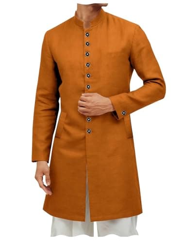ONAXTDA Men's Summer Cotton Linen Kurta Sherwani Coats Kaftan Micro Elasticity Mandarin Collar Jacket Burnt Orange XL