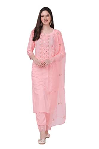 TRENDMALLS Women's Cotton Embroidery Salwar Suit Set Kurta Pant with Dupatta (G103-LightPink-4XL)