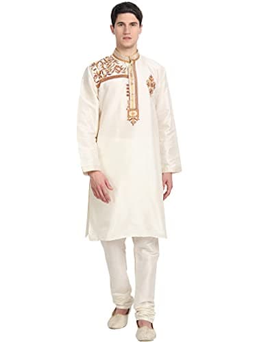 SKAVIJ Men's Art Silk Woven Design Kurta Pajama Set Embroidered Ethnic Party Dress (KP074offwhite_Off White_S)