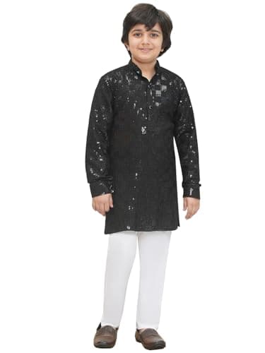 AJ DEZINES Kids Cotton Full Sleeve Sequined Chikankari Black Kurta Pajama Set for Boys - Indian Ethnic wear (1270-BLACK-12)