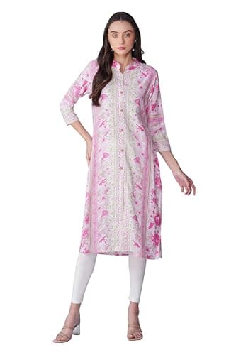 Sunehla Deal Printed Rayon A-Line Kurti for Women | Collar Neck | 3/4 Sleeve Indian Casual Wear (Pastel Pink, Large)