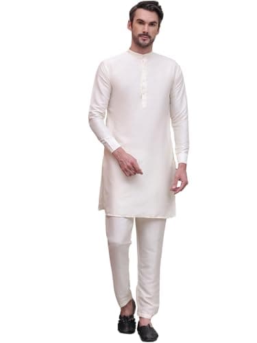 Maple Clothing Kurta Pajama Set Solid Color Indian Clothing for Men (White, S)