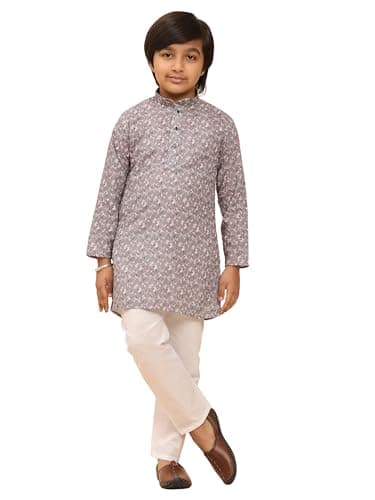 Pro-Ethic Style Developer Cotton Regular Fit Sequence Printed Work Kurta for Boys | Traditional Indian Festive Kurta | Stylish Comfortable Outfit for Weddings | 8-9 Years | Black (S-277)