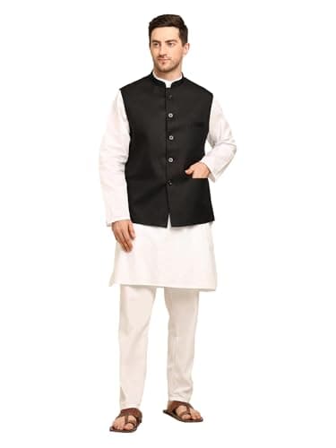 ITOS365 Men’s Cotton White Kurta Pajama with Black Art Silk Nehru Jacket | Ethnic Wear for Wedding & Festive – S