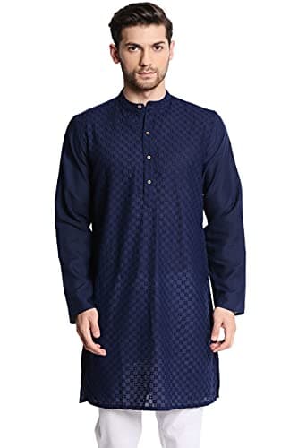 In-Sattva Men's Indian Mandarin Collar Handcrafted Fine Embroidered Kurta Tunic; Navy ; XL