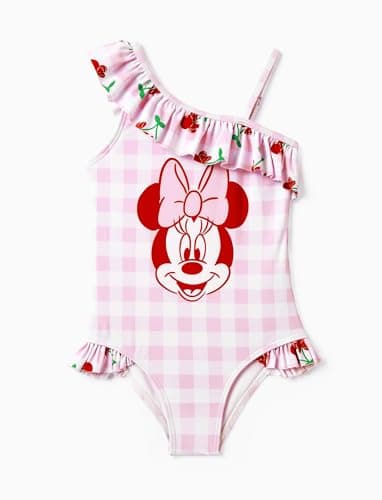 Disney Minnie Mouse Girls Swimsuits UPF 50 Ruffle Cute One Piece Bathing Suits Sport Summer Beach Swimwear Pink Plaid Quick Dry for Toddler Girls Size 3-4T