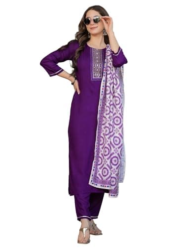 Rayon Embroidered Kurti Set with Pant and Printed Dupatta for Women Wedding and Festive Outfit (US, Alpha, X-Large, Regular, Regular, Purple)