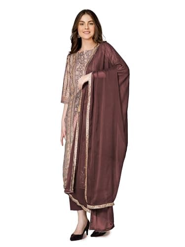 ladyline Womens Semi Formal Royal Crepe Salwar Kameez Suit Set - Ethnic Printed + Embroidered with Pants & Chiffon Dupatta – 3 Pc Kurta Set (CRPESK KNSHA) (42/ Brown)