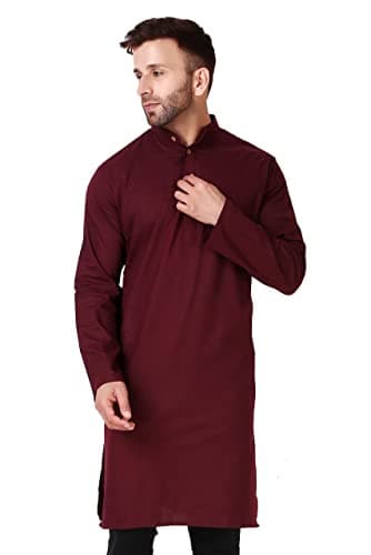In-Sattva Men's Indian Banded Classic Collar Pure Cotton Long Kurta Tunic; Burgundy Brown; XL