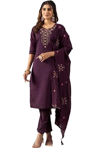 The Red Lion Enterprise Women's Partywear Anarkali Salwar Suit alia cut Embridery Kurti dress 3pc Set (US, Alpha, XX-Large, Regular, Regular, Wine)