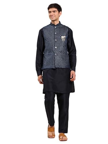 Pro-Ethic Style Developer Mens Indian Traditional Cotton Kurta Set With Velvet Jacket (Waistcoat) For Men (C-115) Navy Blue X Large