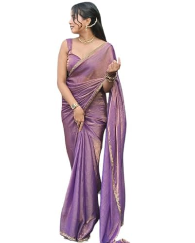 BE4ME.COM Trending Gold Two-Tone Fandy Silk Saree with Designer Border – Viral Insta Tiktok Party Wear Sari (LAVENDER NEW)