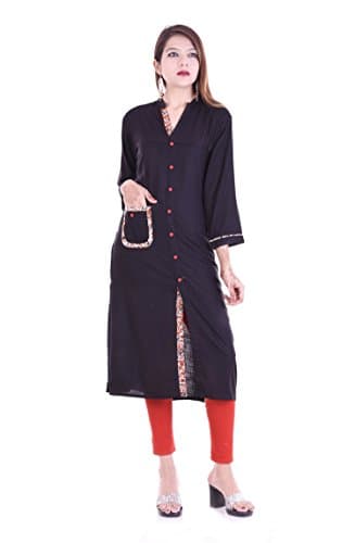 Chichi Indian Women's Plain Rayon Straight Kurti Black Top(3/4 Sleeve)