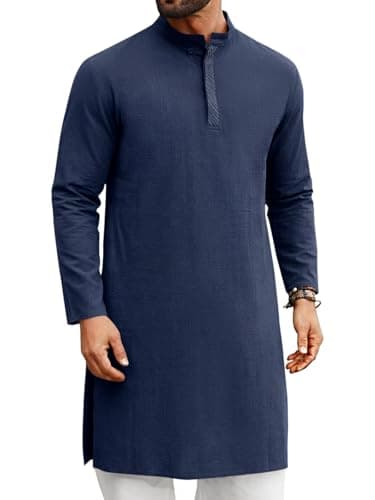 Runcati Mens Kaftan Thobe Long Sleeve Casual Henley Shirts Button Down Kurta Cotton Linen Muslim Gown Robe Dark Blue