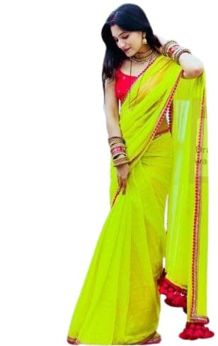 DREAM STYLE Women's Plain Solid Soft Georgette Lace Saree With Unstitched Blouse Piece (Tessle Parrot Green)