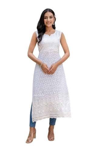 JG JAI GOVINDAM Pure Cotton Sleeveless Lucknowi Chikankari Kurtis For Women Indian Style XX-Large Casual Long White Straight Kurti