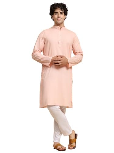 SKAVIJ Men's Pure Cotton Solid Kurta Pajama Set Mandarin Collar Daily Wear Casual Yoga Dress (KP022pink_Pink_XXL)