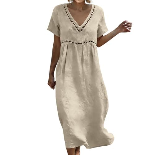 Dresses for Women 2026 Linen Dresses for Women 2026 Cotton Linen Maxi 3/4 Sleeve V Neck Pleated Lace Dress Loose Boho Summer Beach Vacation Wear Boho Capsule Wardrobe Beige Medium