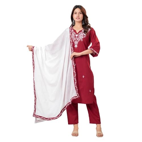 Women's Cotton Straight Kurta Pant Set with Dupatta | Embroidered Ethnic Kurta Set for Festive & Traditional Wear | Red | Large