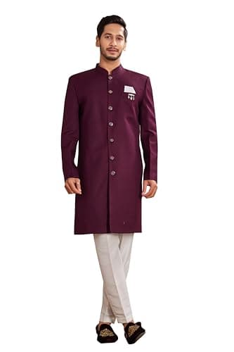 Shreyanvi Indian Designer Wedding Festive Wear Solid Poly Viscose Blend Indo-Western Sherwani Pajama Set For Men